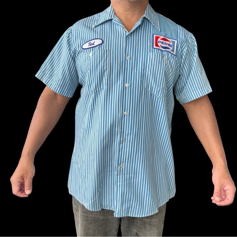 Vintage 70s Pepsi Work Shirt Button Front Patches Hickory Stripe 16-16.5 Large